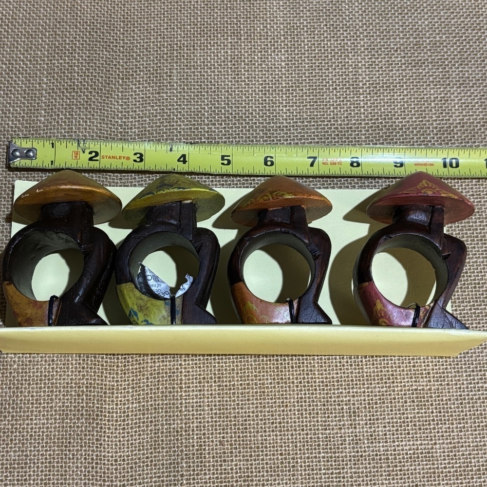 Pier 1 Imports Napkin Ring Holders Carved Wood Asian Hat Set Of‎ 4 New In Box - Picture 8 of 11